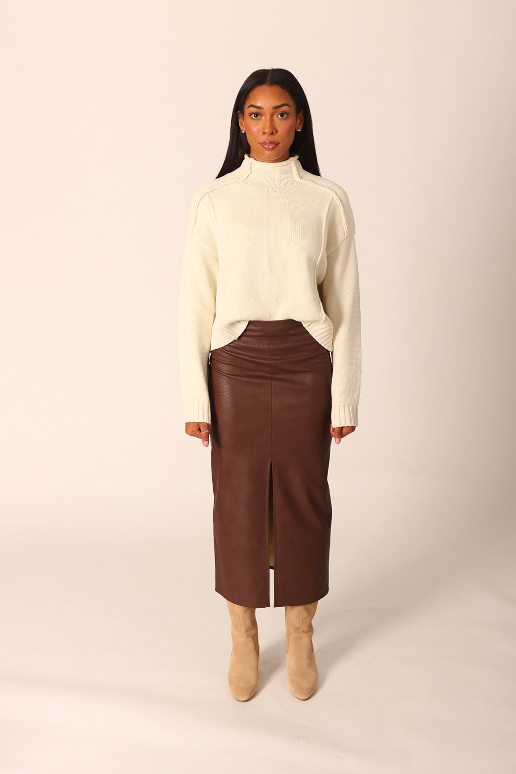 Vegan Leather Midi Skirt With Slit