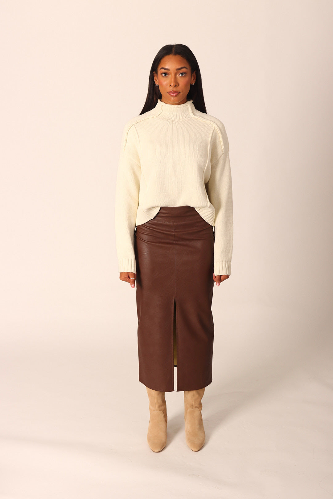 Vegan Leather Midi Skirt With Slit
