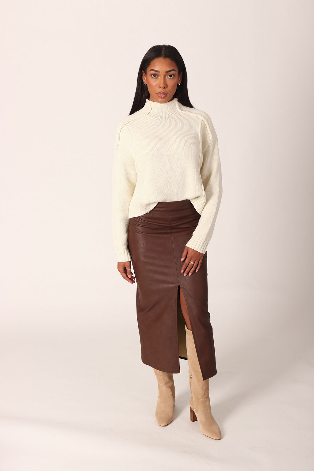 Vegan Leather Midi Skirt With Slit
