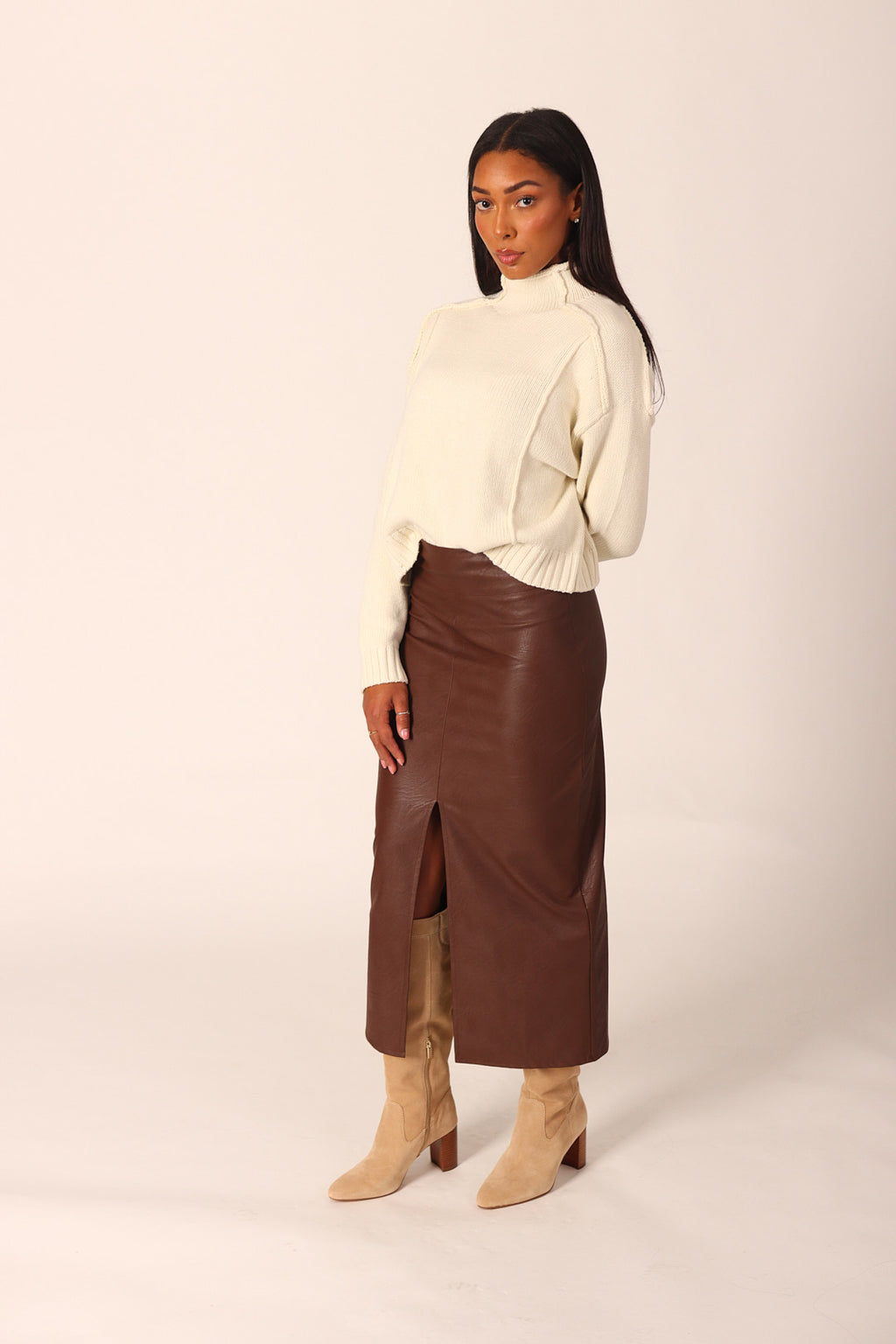 Vegan Leather Midi Skirt With Slit