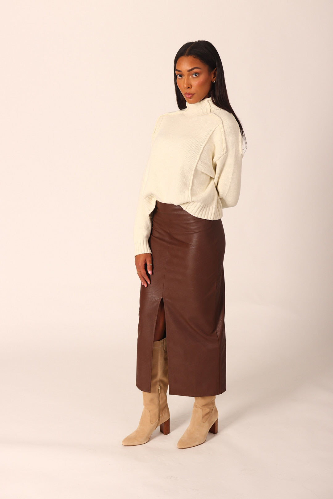 Vegan Leather Midi Skirt With Slit