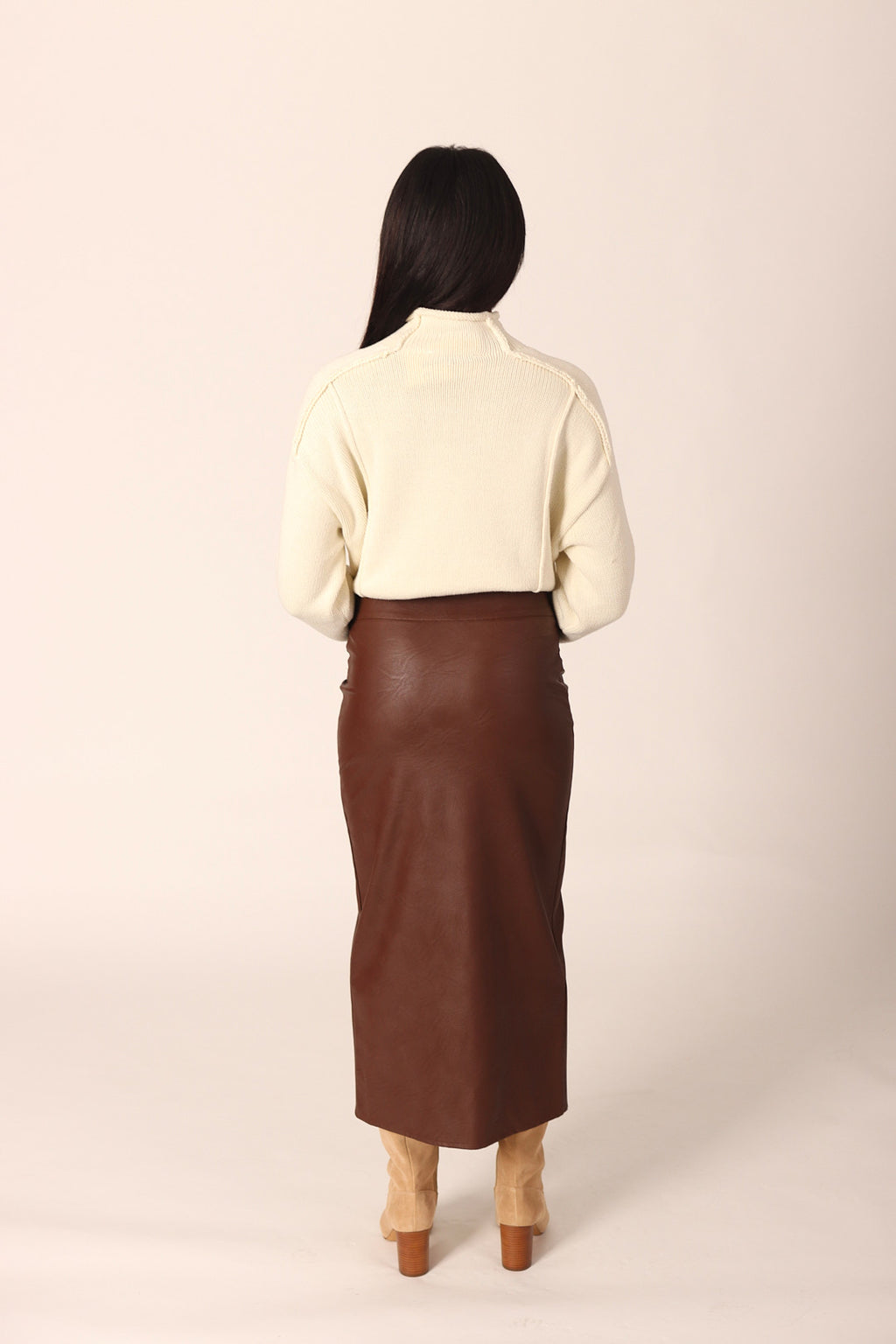 Vegan Leather Midi Skirt With Slit