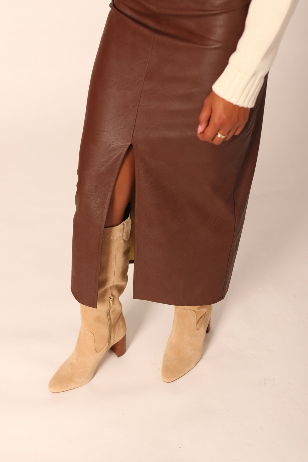 Vegan Leather Midi Skirt With Slit