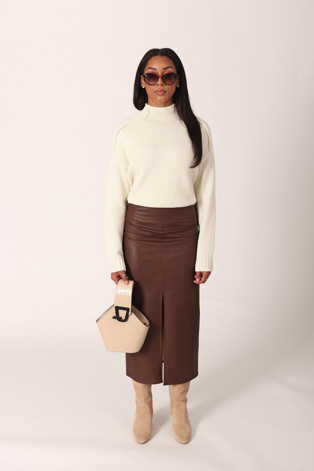 Vegan Leather Midi Skirt With Slit