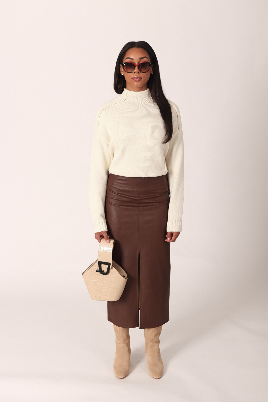 Vegan Leather Midi Skirt With Slit
