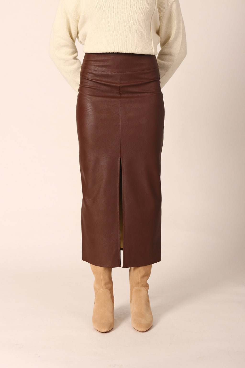 Vegan Leather Midi Skirt With Slit