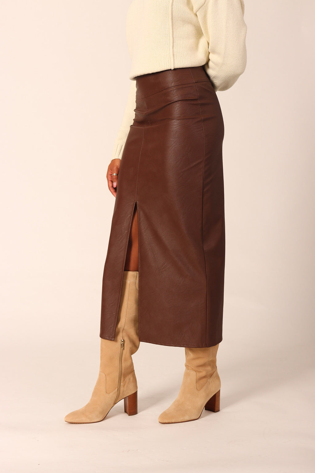Vegan Leather Midi Skirt With Slit