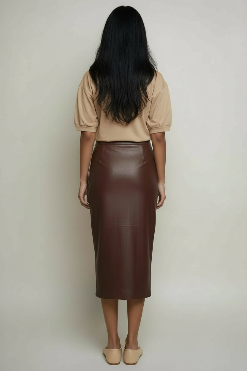 Vegan Leather Midi Skirt With Slit