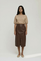 Vegan Leather Midi Skirt With Slit