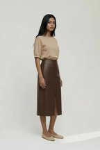 Vegan Leather Midi Skirt With Slit