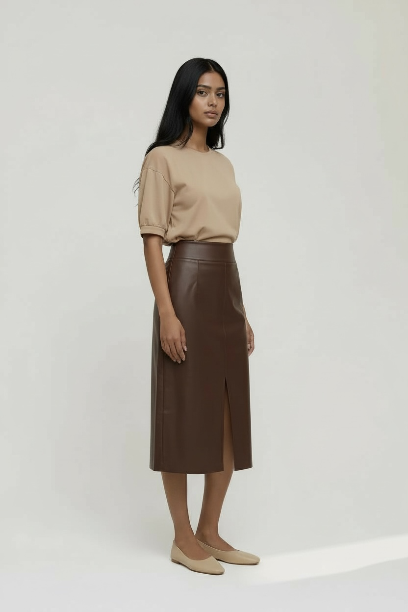Vegan Leather Midi Skirt With Slit