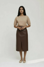 Vegan Leather Midi Skirt With Slit