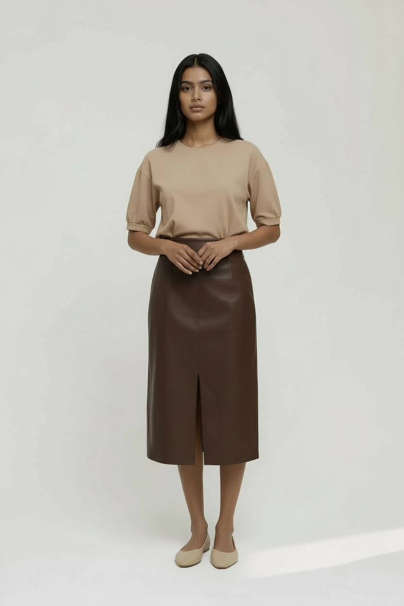 Vegan Leather Midi Skirt With Slit