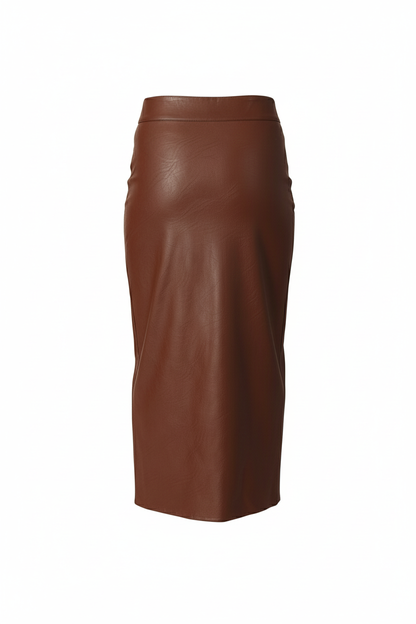 Brown vegan leather midi skirt on pure white background